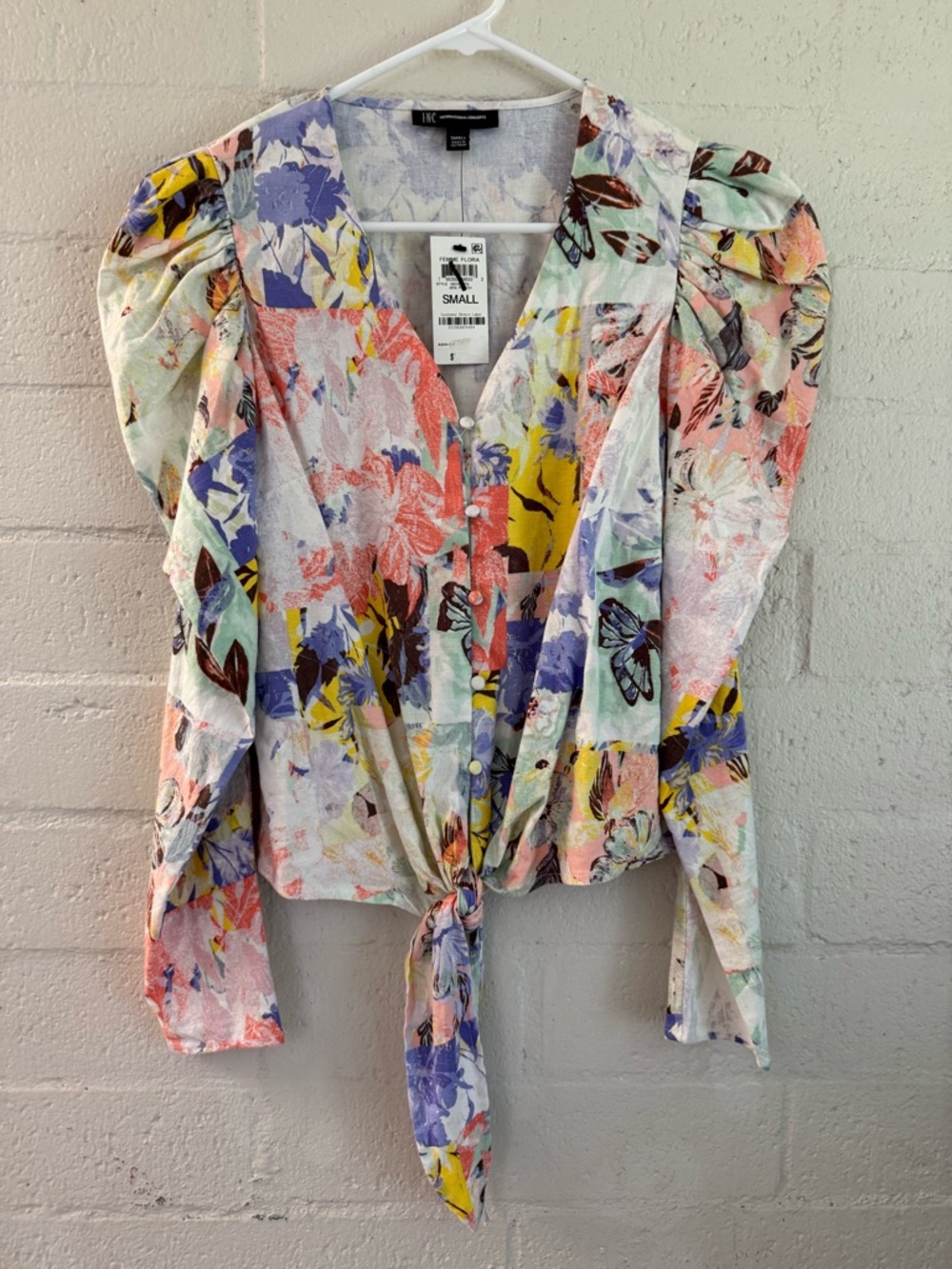 INC International Concepts Pastel Floral Tie-Front Blouse - Small